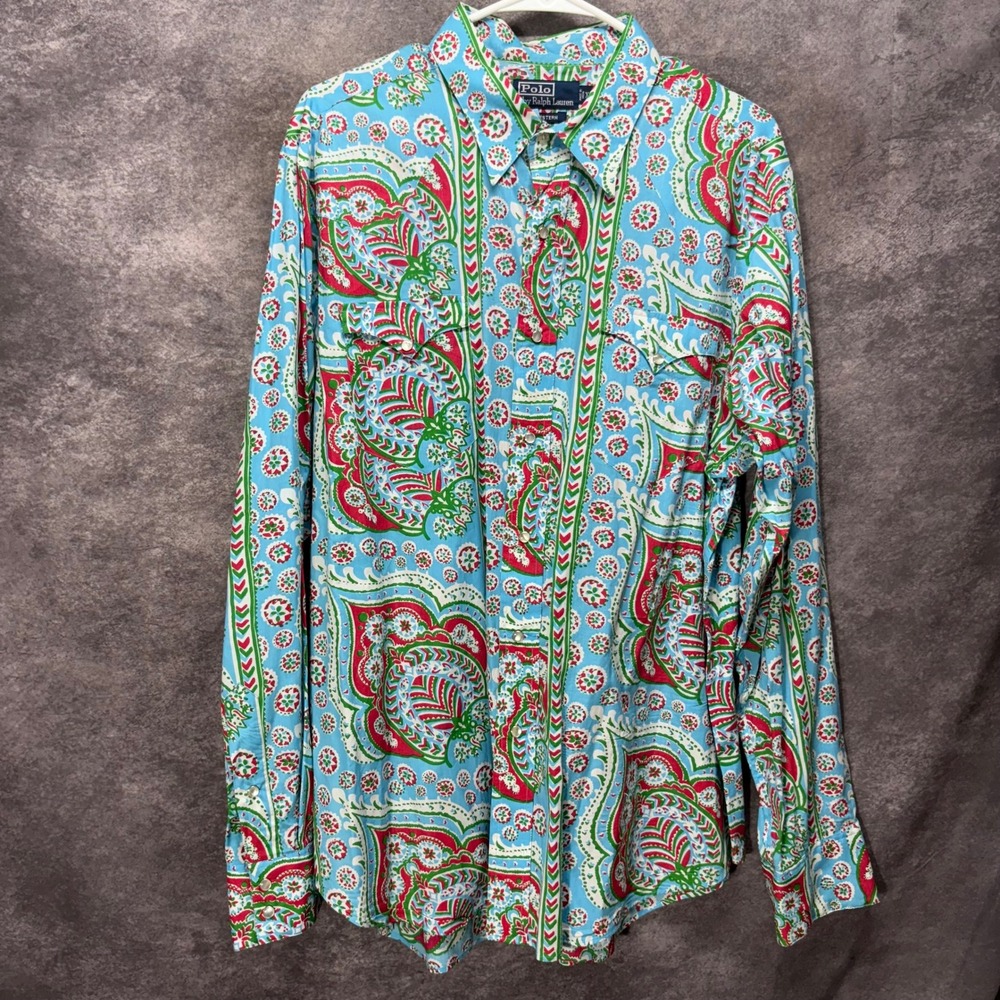 VTG 90s Polo Ralph Lauren Western Pearl Snap Shirt Size XL Blue Red Paisley